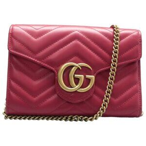 Authentic GUCCI GG Marmont Chain Wallet Red Leather Shoulder Bag Lux550-100225